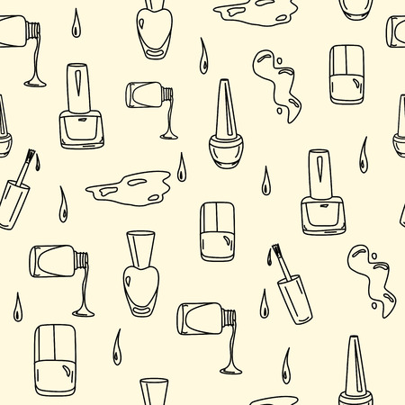 Hand drawn nail polish doodles for beauty salon. Seamless pattern with sketchy nail polish jars, spills and drops.のイラスト素材