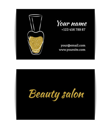 Nail polish business card. Isolated manicure visit card. Golden glitter texture with shiny sparkles. Gold glossing shimmer.のイラスト素材