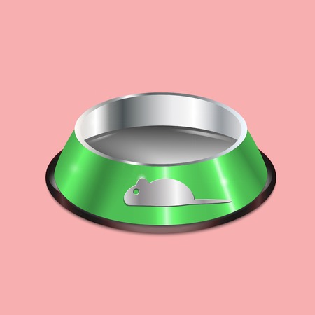 Pet dish. Empty metallic cat plate. Green chrome shiny food bowl with a mouse. Pet supply on pink background. Black edging.のイラスト素材