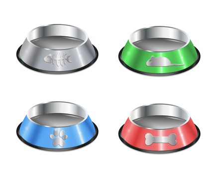 Set of pet dishes. Empty metallic cat plates. Collection of chrome shiny food bowls.のイラスト素材