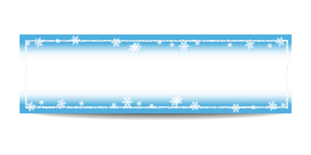 Winter horizontal banner template. Empty silver frame. Snowflakes, bokeh, fog, blur and snow on blue background. Glitter sequins. Flyer design. Vector EPS10 illustration.のイラスト素材