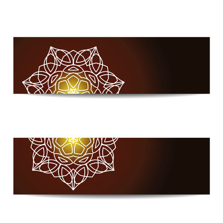 Banners set with shiny floral mandalas. Sacred geometry. Ethnic ornament. Indian traditional decorative elements. Design for yoga studio , card, invitation.のイラスト素材