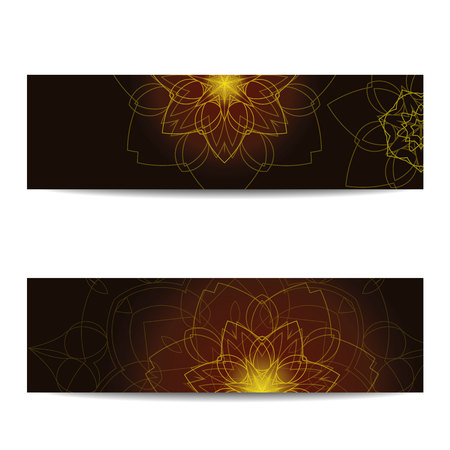 Banner template set with shiny floral mandalas. Sacred geometry. Ethnic ornament. Indian traditional decorative elements. Design for yoga studio , card, invitation.のイラスト素材