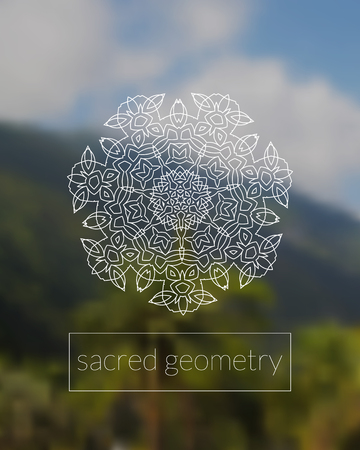 Sacred geometry mandala on realistic tropic background. Boho decorative ornament. Sky and jungle. Good for yoga studio or meditation classes,  card, invitation.のイラスト素材