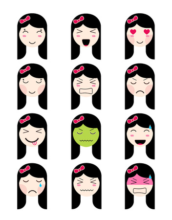 Cute collection. Kawaii asian girl face. Set of flat emoticon in anime style. Isolated japanese girl icons with emotions smile, cry, sad, angry, laughing, loved. Vector EPS10 illustration.のイラスト素材