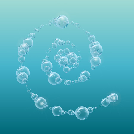 Spiral of cleaning foam or shampoo bubbles. Template for web site background, flyer, banner. Good for aqua park, swimming pool, diving club design. Deep sea with bubbles and sprays underwater.のイラスト素材
