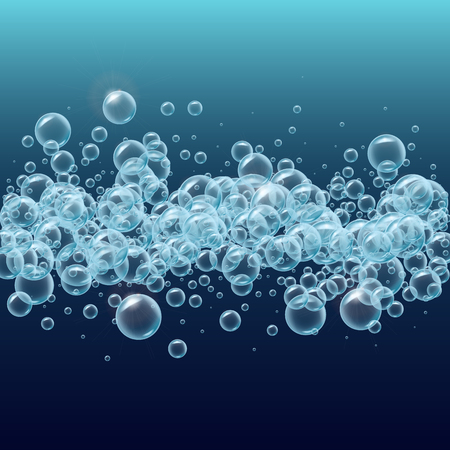 Horizontal stripe of realistic water bubbles. Shampoo or soup foam line. Template for web site pattern, flyer, banner. Good for greeting card and party invitation. Aqua park, swimming pool, diving.のイラスト素材
