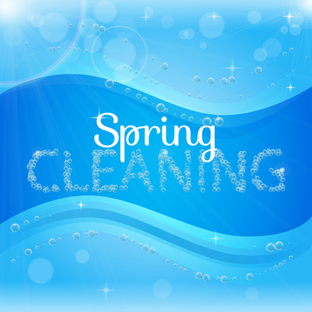 Spring cleaning banner with washing soap foam bubbles. Shiny blue background with sunny waves. Housekeeping and cleaning service design. Flyer with realistic shampoo bubbles with lights, blinks, blur.のイラスト素材