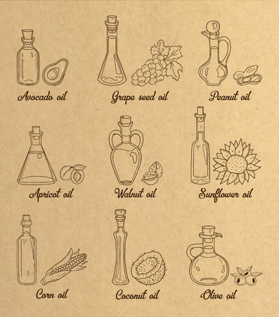 9 brown cooking oils in vintage sepia style. Retro hand drawn set of edible vegetable food oil. With origin products olive, apricot, corn, grape seed, walnut, coconut, avocado, peanut and sunflower.のイラスト素材