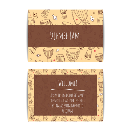 African drums banner with zulu ornament. Djembe pattern. Sketchy flyer design decorated with african ethnic instruments. Hand drawn doodles. Design set for percussion school, drum classes or jam.のイラスト素材