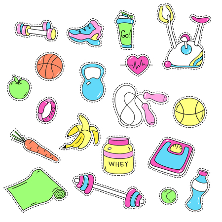 Sport stickers set. Hand drawn fitness patch badges. Gym equipment doodles for textile, embroidery and labels. Trendy set of sketchy workout and training stickers and pins. Sport tools, healthy foodのイラスト素材