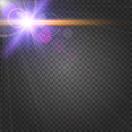 Abstract purple shiny flare on transparent background. Sunshine lens flare effect.のイラスト素材