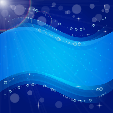 Deep sunny water background with bubbles. Blue banner or flyer with water waves. Sunshine lens flare. Glowing light rays, bokeh and sparkles beam. Sun flash with solar camera effect. Bright bubbles.のイラスト素材