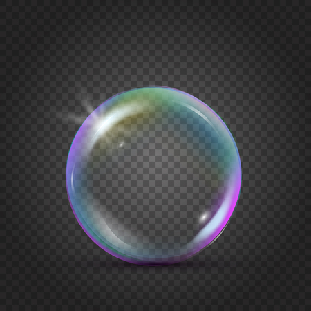 Colorful realistic bubble with rainbow reflection and blink. Liquid cleaning soap foam for bath and shower. Shampoo foam on transparent background. Isolated blowing soap bubble. Vector EPS 10.のイラスト素材