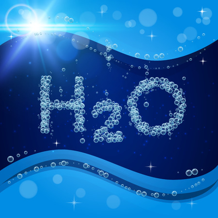 Bubble background. Blue banner or flyer with water molecule h2o. Text made with cool bubbles. Shiny realistic foam and waves with flare, bokeh and lights. Pour beverage drinking clean water and soda.のイラスト素材