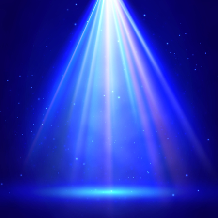 Stage illumination with spotlights. Festive scene with bright solar flash. Blue deep sea with sunshine rays and beam. Underwater scene with glowing flare. Abstract shiny background with light effects.のイラスト素材