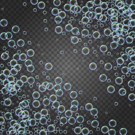 Shampoo foam diagonal frame with realistic water bubbles on transparent background. Cleaning liquid soap foam for bath and shower. Shampoo rainbow bubbles. Swimming pool flyer and invite.のイラスト素材