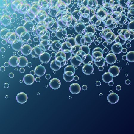 Shampoo foam in raining with realistic water bubbles on deep blue background. Cleaning liquid soap foam for bath and shower. Shampoo rainbow bubbles. Swimming pool flyer and invite.のイラスト素材