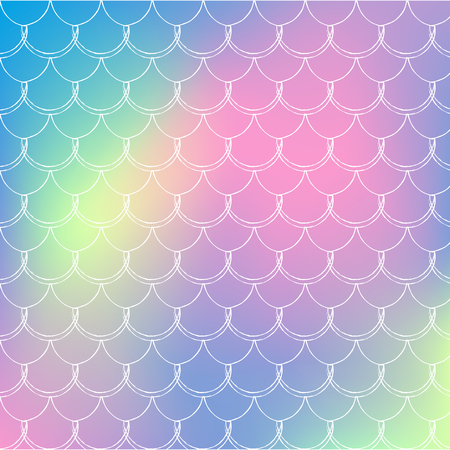 Fish scale on trendy gradient background. Square backdrop with fish scale ornament. Bright color transitions. Mermaid tail banner and invitation. Underwater and sea pattern.Rainbow colors.のイラスト素材
