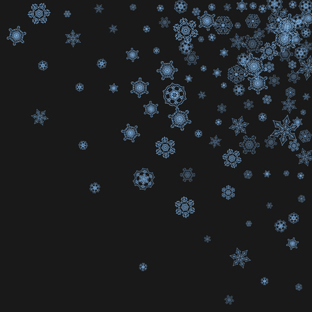 Snowflake border for Christmas and New Year celebration. Holiday snowflake border on black background  with sparkles. For banners, gift coupons, vouchers, ads, party events. Falling frosty snow.のイラスト素材