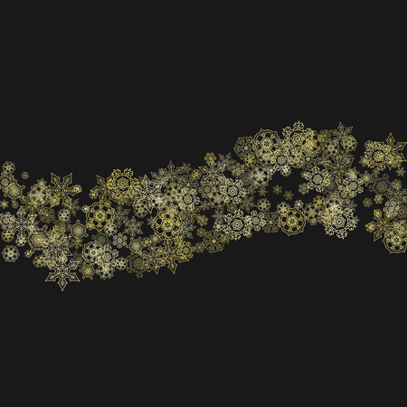 Gold snowflakes frame on black background. New year theme. Stylish shiny Christmas frame for holiday banner, card, sales, special offers.のイラスト素材