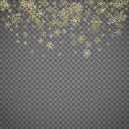 Isolated snowflakes on transparent grey background. Gold glitter snow. Winter sales, Christmas and New Year design for party invitation, banner, sale. Winter window. Magic crystal isolated snowflakes.のイラスト素材