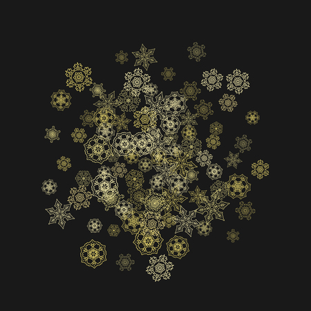 Gold snowflakes frame on black background. New year theme. Stylish shiny Christmas frame for holiday banner, card, sales, special offers. Falling snow with gold snowflakes and glitter for party invite
のイラスト素材