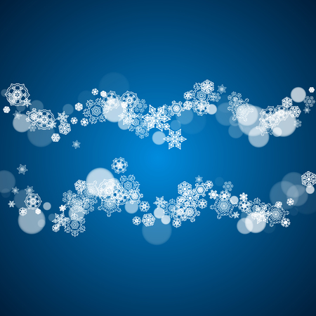 Winter border with white snowflakes for Christmas and New Year celebration. Holiday winter border on blue background for banners, gift coupons, vouchers, ads, party events. Falling frosty snowflakes.のイラスト素材