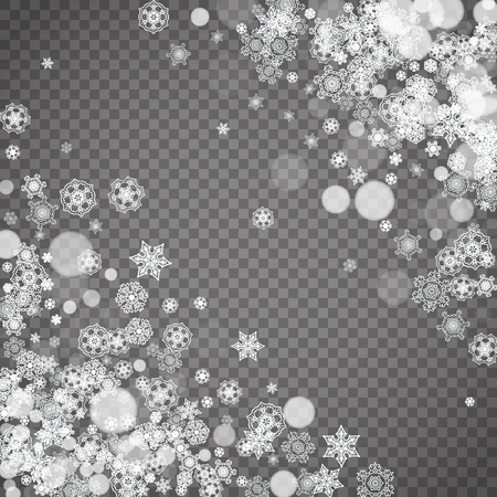 Isolated snowflakes on transparent grey background. Winter sales, Christmas and New Year design for party invitation, banner, sale. Winter snow window. Magic crystal isolated snowflakes.のイラスト素材
