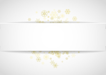 Glitter snowflakes frame on white horizontal background. Paper Christmas and New Year frame for gift certificate, ads, banners, flyers. Falling snow with golden glitter snowflakes for party inviteのイラスト素材