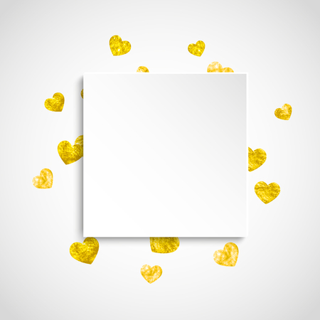 Heart paper label with gold glitter. February 14th day. Vector confetti with heart paper label. Festive white banner with hand drawn texture. Love theme for voucher, special business ad, banner.のイラスト素材