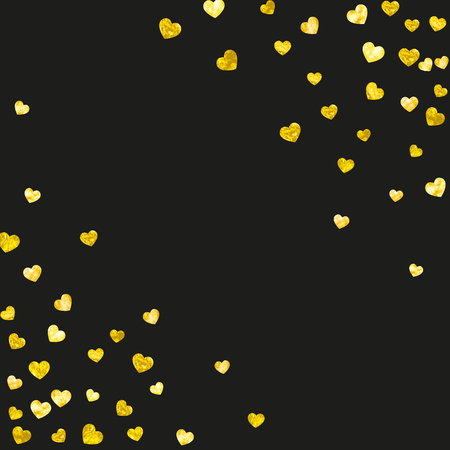 Valentines day border with gold glitter hearts. February 14th day. Vector confetti for valentines day border template. Grunge hand drawn texture. Love theme for party invite, retail offer and ad.のイラスト素材