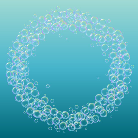 Shampoo bubbles on gradient background. Realistic water bubbles 3d. Cool rainbow colored liquid foam with shampoo. Cosmetic flyer and invite. Cleaning soap foam for bath and shower.のイラスト素材