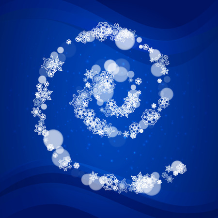 Christmas snow on blue background with sparkles. Frame for seasonal winter banner, gift coupon, voucher, ad, party event. New Year and Christmas snow design. Falling snowflakes for holiday celebrationのイラスト素材