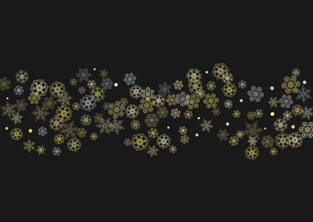 Glitter snowflakes frame on black horizontal background. Shiny Christmas and New Year frame for gift certificate, ads, banners, flyers. Falling snow with golden glitter snowflakes for party inviteのイラスト素材