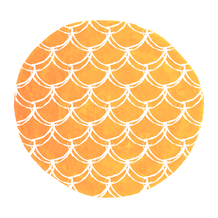 Mermaid scale on watercolor background. Bright colors. Hand drawn round backdrop with mermaid scale ornament.のイラスト素材