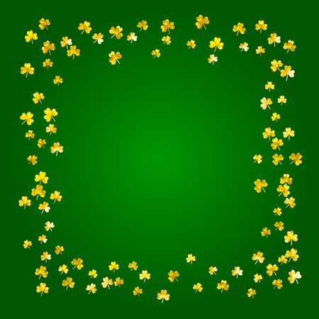 Shamrock background for Saint Patricks Day. Lucky trefoil confetti. Glitter frame of clover leaves.	 Template for special business offer, banner, flyer. Festal shamrock background.のイラスト素材