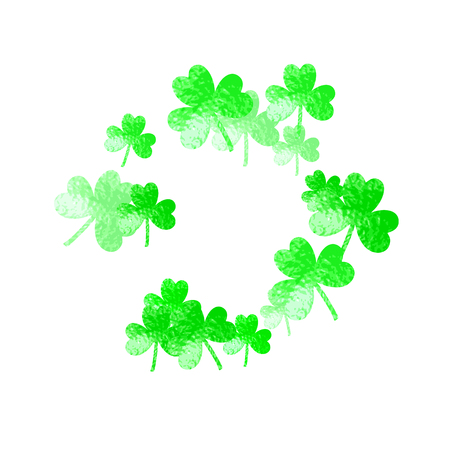 Clover background for Saint Patricks Day. Lucky trefoil confetti. Glitter frame of shamrock leaves. Template for gift coupons, vouchers, ads, events. Irish clover background.のイラスト素材