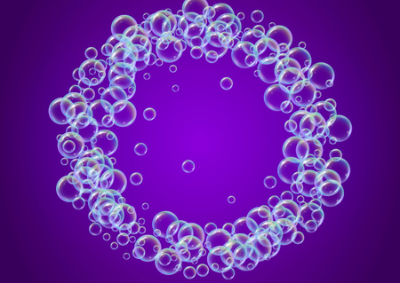 Cleaning foam on gradient background. Realistic water bubbles 3d. Cool rainbow colored liquid foam with shampoo bubbles. Horizontal cosmetic flyer and invite. Cleaning soap foam for bath and shower.のイラスト素材