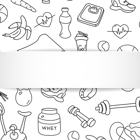 Fitness banner with hand drawn gym pattern and 3d paper plate. Doodle icons for healthy workout and exercise. Sport lifestyle line art. Stylish fitness banner for sales, special offers, flyers and ad.のイラスト素材