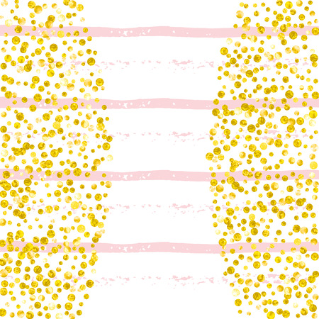 Wedding glitter confetti with dots on pink stripes. Falling sequins with shimmer and sparkles. Design with gold wedding glitter for party invitation, event banner, flyer, birthday card.のイラスト素材