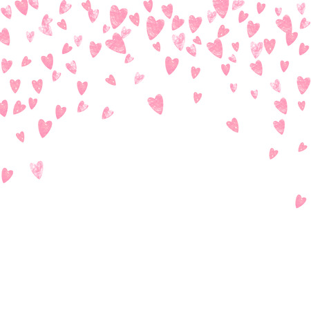 Wedding glitter confetti with hearts on isolated back. Random falling sequins with glossy sparkles. Design with pink wedding glitter for party invitation, banner, greeting card, bridal shower.のイラスト素材