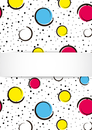 Pop art colorful confetti background. Big colored spots and circles on white background with black dots and ink lines. Banner with 3d paper plate in pop art style. Bright template for flyer, sale, adのイラスト素材