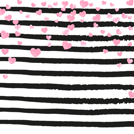 Pink glitter confetti with hearts on black stripes. Falling sequins with shimmer and sparkles. Template with pink glitter confetti for party invitation, bridal shower and save the date invite.のイラスト素材