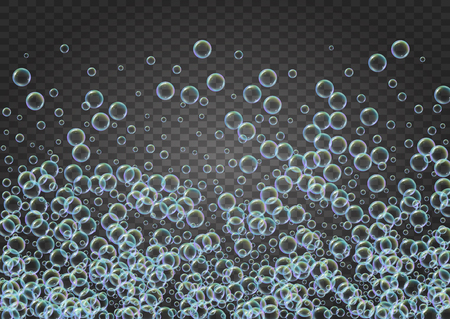 Shampoo bubbles on gradient background. Realistic water bubbles 3d. Cool liquid foam with shampoo bubbles. Horizontal cosmetic flyer and invite. Cleaning soap foam for bath and shower.のイラスト素材
