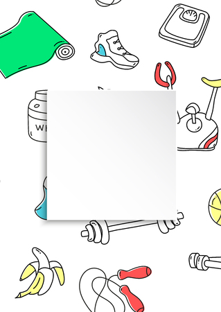 Fitness banner with hand drawn gym pattern and 3d paper plate. Doodle icons for healthy workout and exercise. Sport lifestyle line art. Stylish fitness banner for sales, special offers, flyers and ad.のイラスト素材