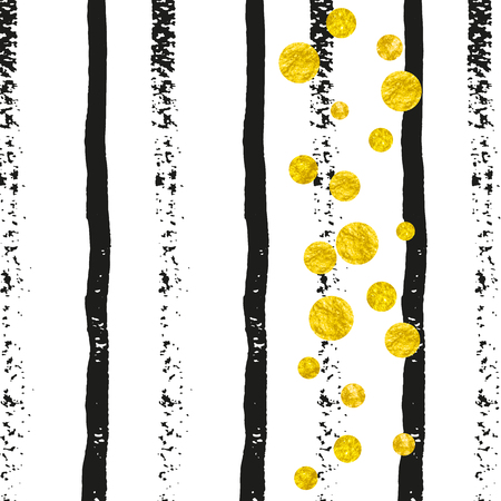 Wedding glitter confetti with dots on black stripes. Falling sequins with metallic shimmer. Design with gold wedding glitter for party invitation, event banner, flyer, birthday card.のイラスト素材