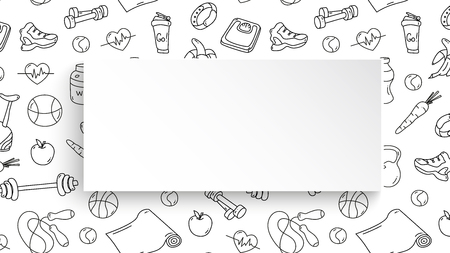 Fitness banner with hand drawn gym pattern and 3d paper plate. Doodle icons for healthy workout and exercise.のイラスト素材