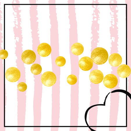 Wedding glitter confetti with dots on pink stripes. Random falling sequins with metallic shimmer. Template with gold wedding glitter for party invitation, event banner, flyer, birthday card.のイラスト素材