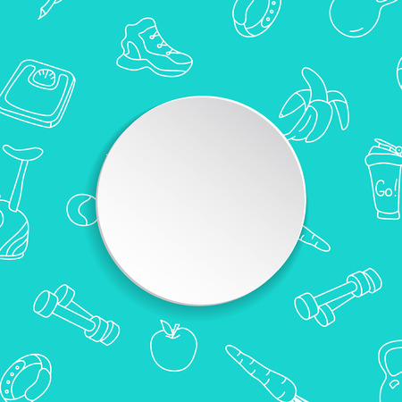 Fitness banner with hand drawn gym pattern and 3d paper plate. Doodle icons for healthy workout and exercise. Sport lifestyle line art. Stylish fitness banner for sales, special offers, flyers and ad.のイラスト素材